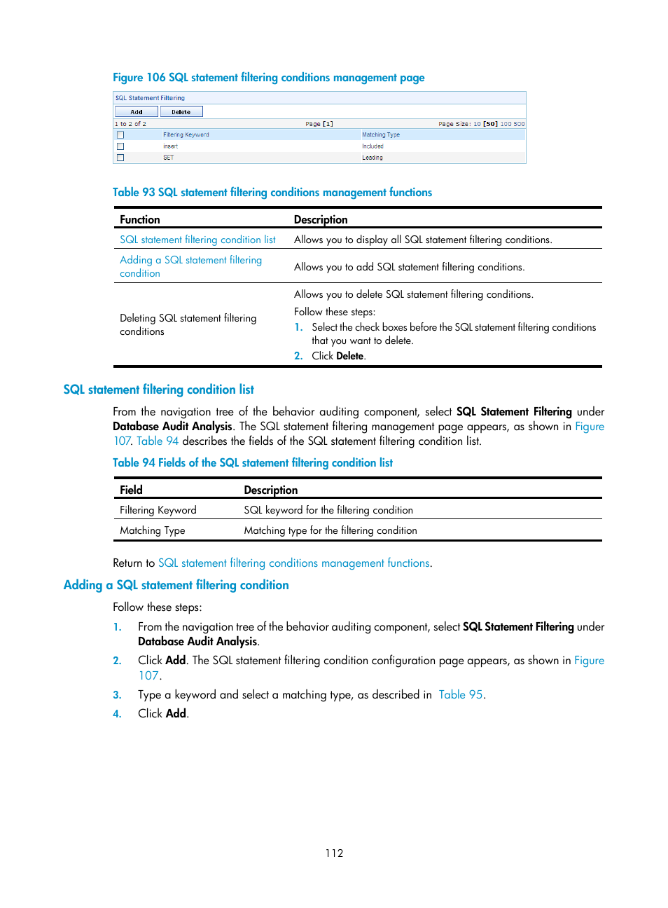 Sql statement filtering condition list, Adding a sql statement filtering condition, Figure 106 | Table 93 | H3C Technologies H3C SecCenter UTM Manager User Manual | Page 120 / 262