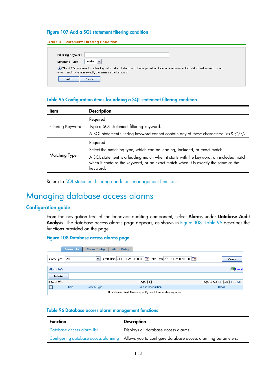 Managing database access alarms, Configuration guide, Managing database | Access alarms, Figure, Appears, as shown in, Table 95 | H3C Technologies H3C SecCenter UTM Manager User Manual | Page 121 / 262