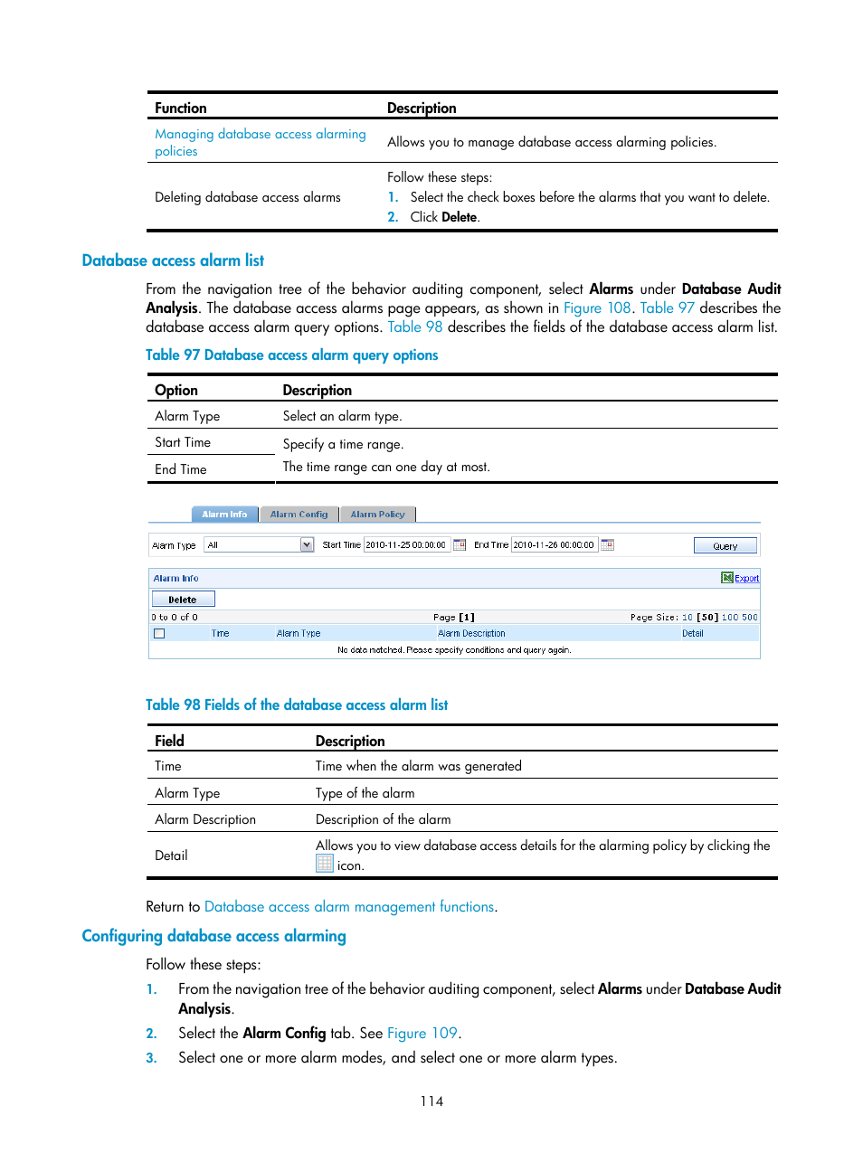 Database access alarm list, Configuring database access alarming | H3C Technologies H3C SecCenter UTM Manager User Manual | Page 122 / 262