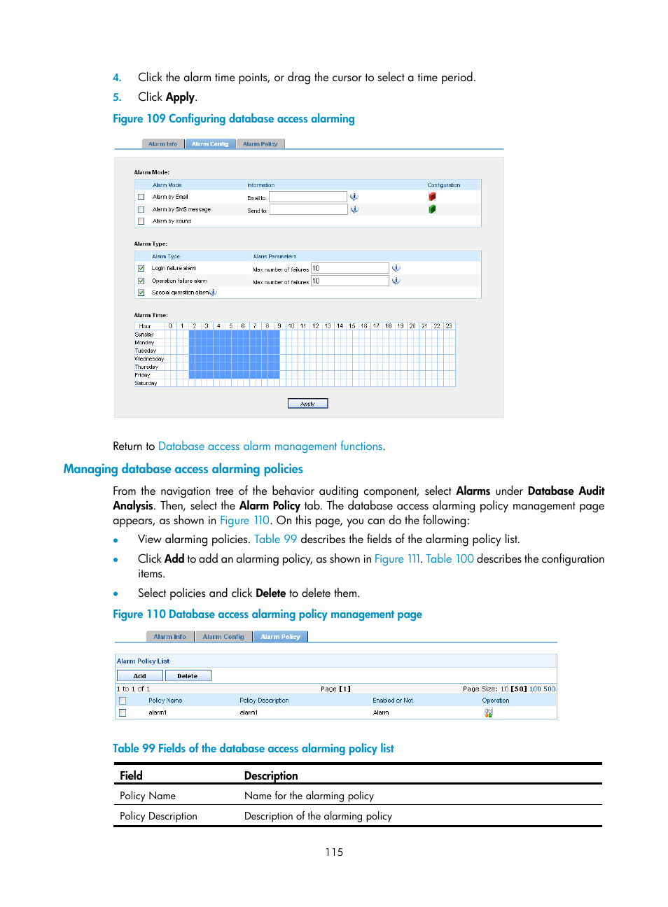 Managing database access alarming policies, Tab. see, Figure 109 | H3C Technologies H3C SecCenter UTM Manager User Manual | Page 123 / 262