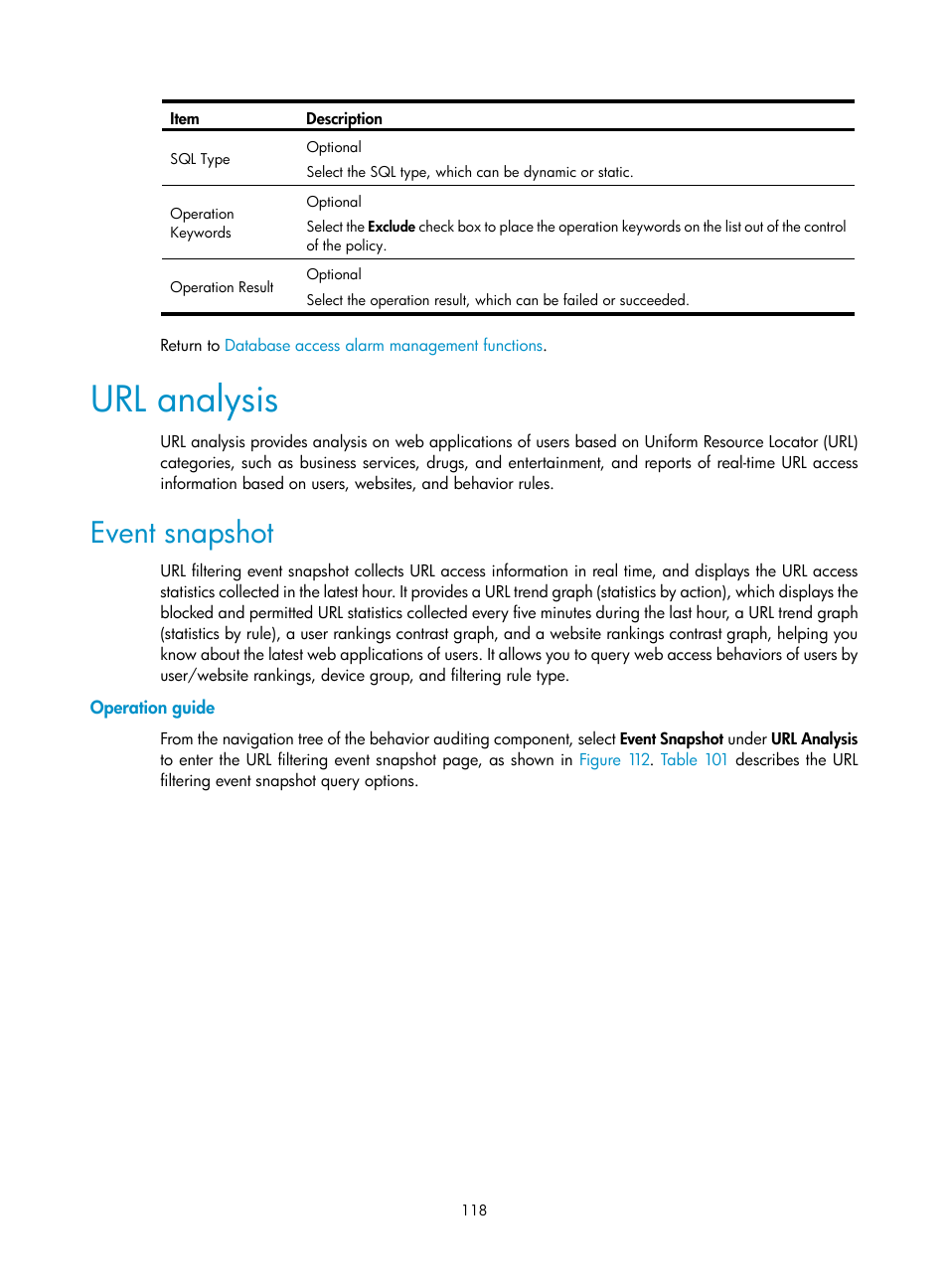 Url analysis, Event snapshot, Operation guide | H3C Technologies H3C SecCenter UTM Manager User Manual | Page 126 / 262