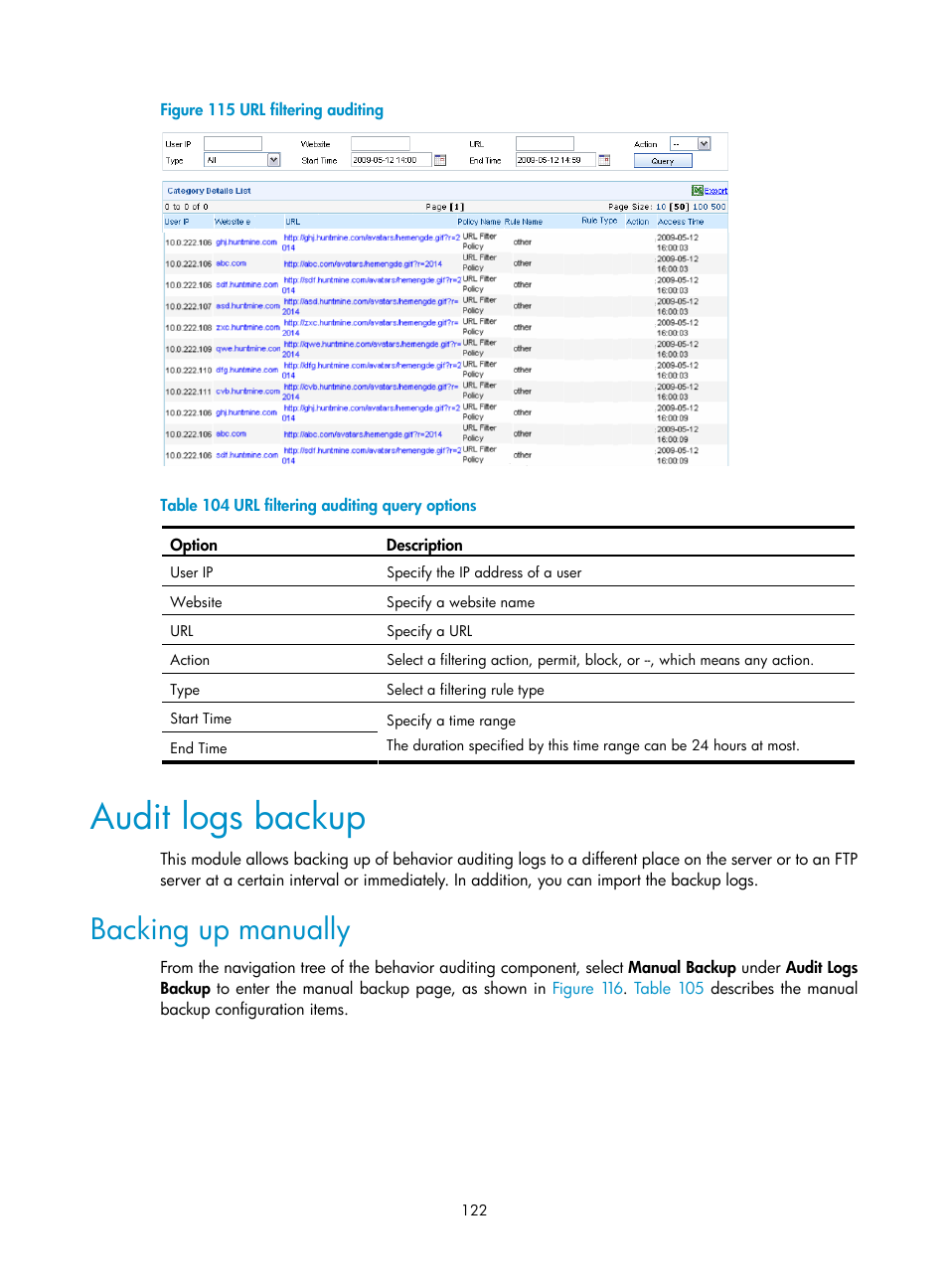 Audit logs backup, Backing up manually, Figure 115 | Table 104 | H3C Technologies H3C SecCenter UTM Manager User Manual | Page 130 / 262