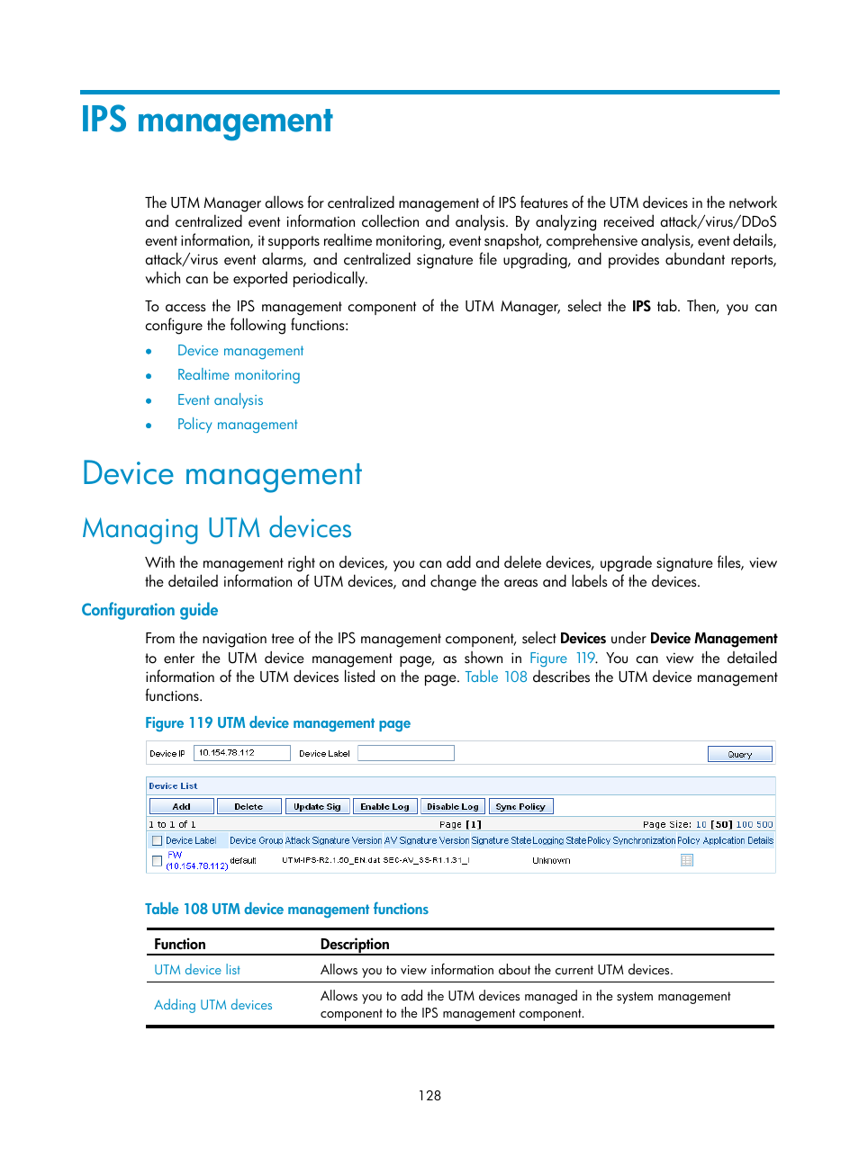 Ips management, Device management, Managing utm devices | Configuration guide | H3C Technologies H3C SecCenter UTM Manager User Manual | Page 136 / 262