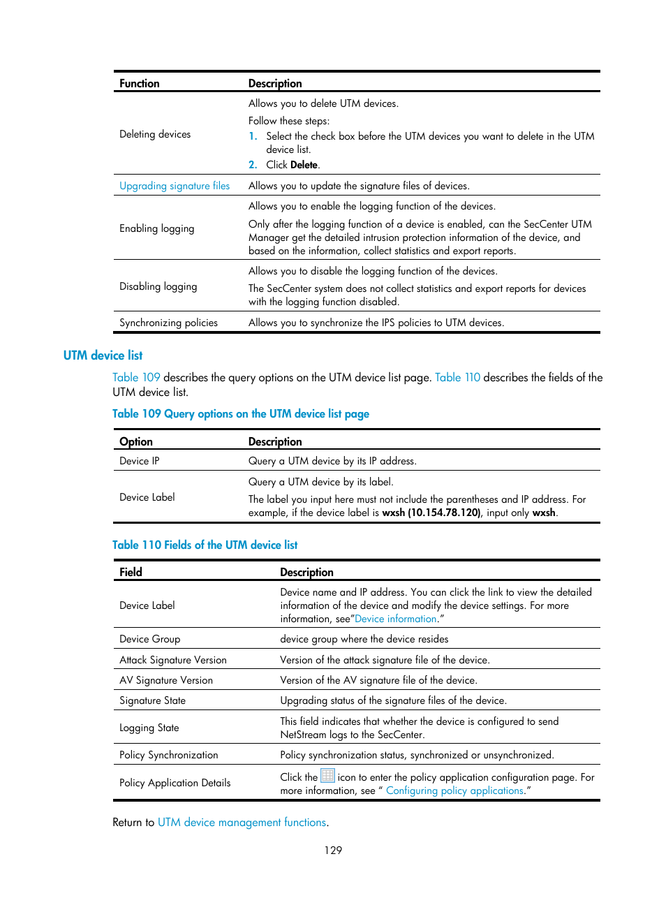 Utm device list | H3C Technologies H3C SecCenter UTM Manager User Manual | Page 137 / 262