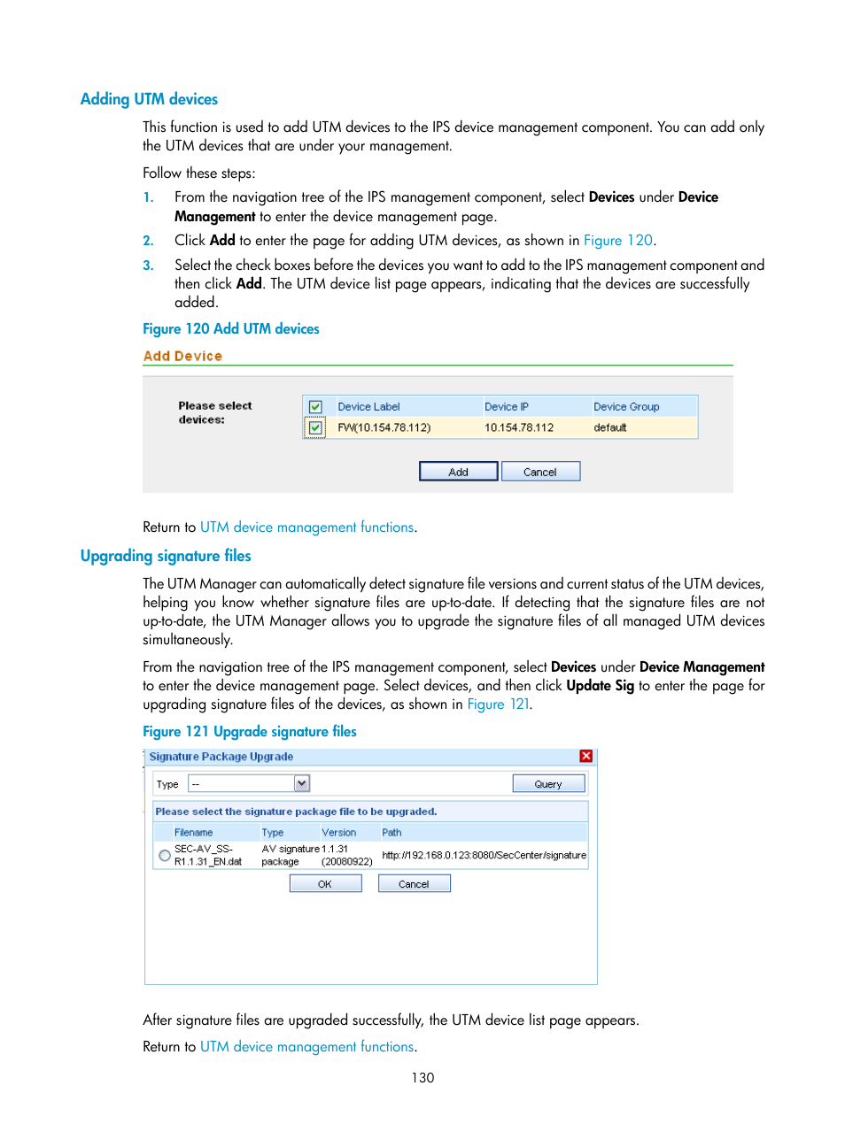 Adding utm devices, Upgrading signature files | H3C Technologies H3C SecCenter UTM Manager User Manual | Page 138 / 262