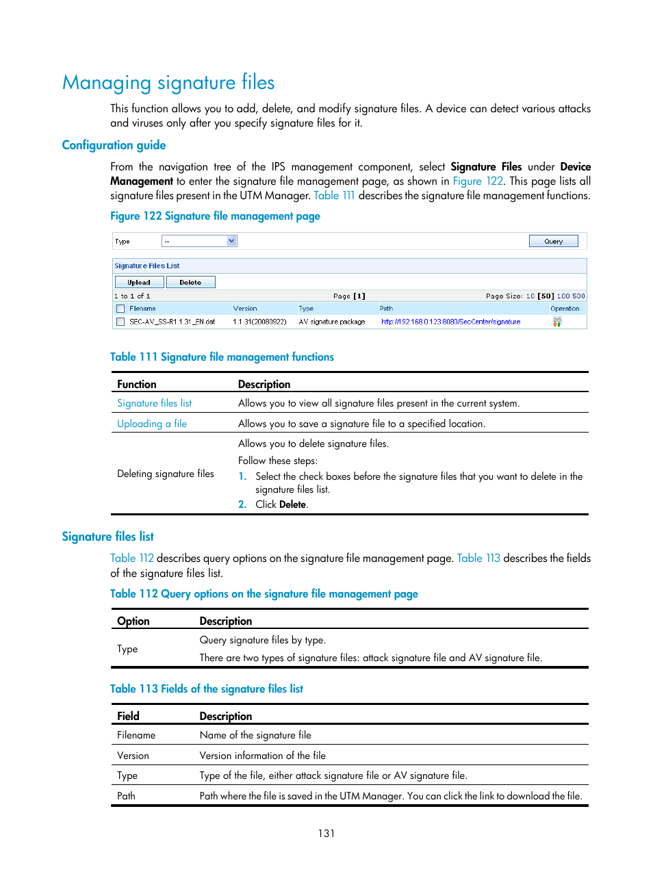 Managing signature files, Configuration guide, Signature files list | H3C Technologies H3C SecCenter UTM Manager User Manual | Page 139 / 262