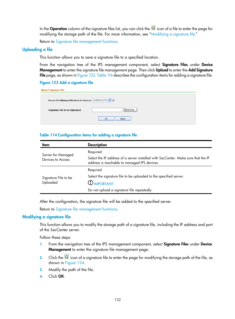 Uploading a file, Modifying a signature file | H3C Technologies H3C SecCenter UTM Manager User Manual | Page 140 / 262