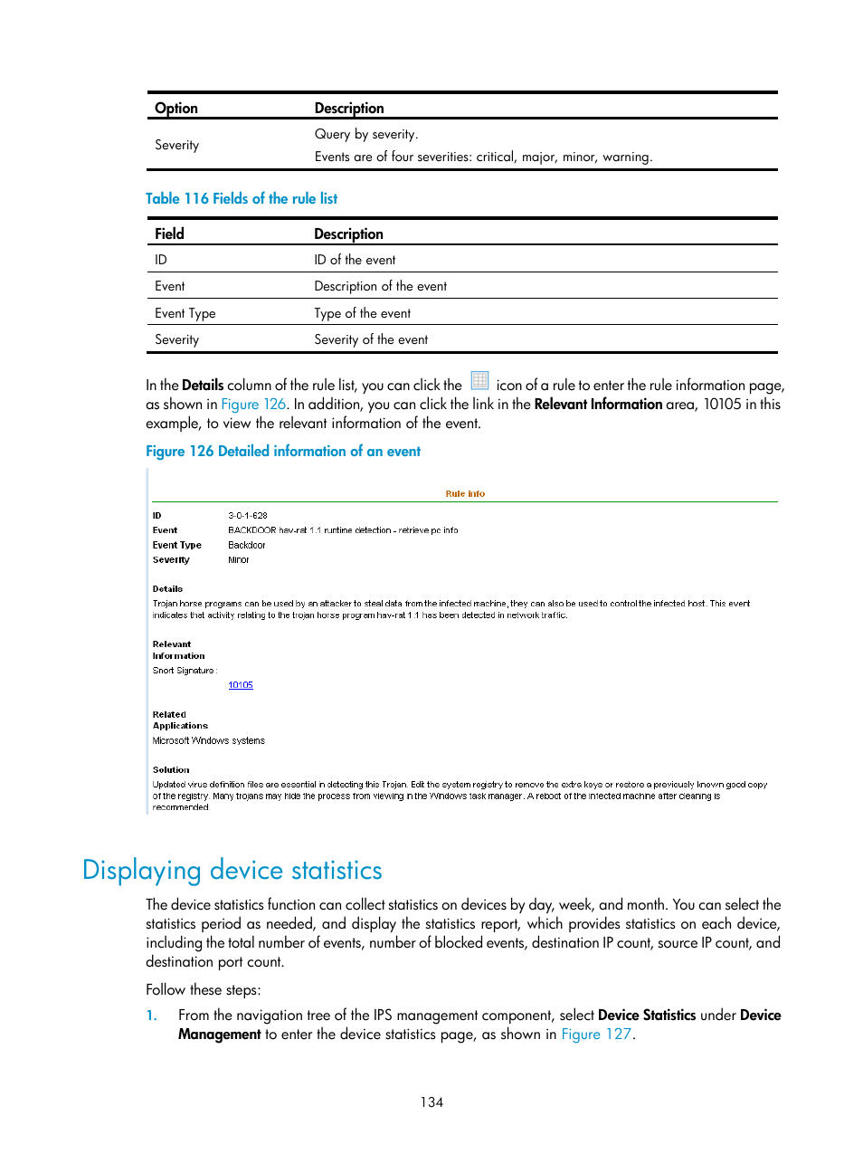 Displaying device statistics, Table 116 | H3C Technologies H3C SecCenter UTM Manager User Manual | Page 142 / 262