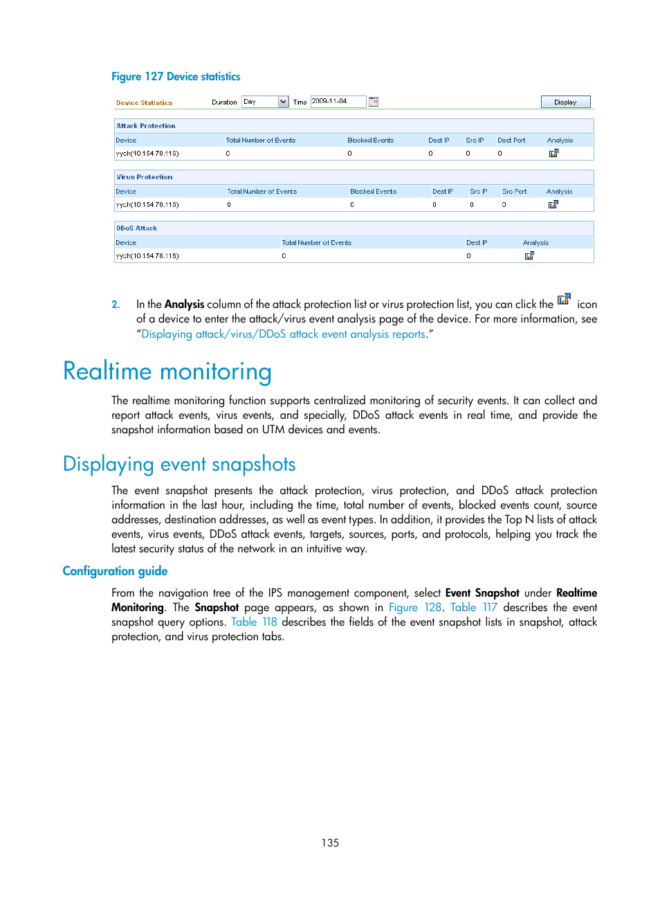 Realtime monitoring, Displaying event snapshots, Configuration guide | H3C Technologies H3C SecCenter UTM Manager User Manual | Page 143 / 262