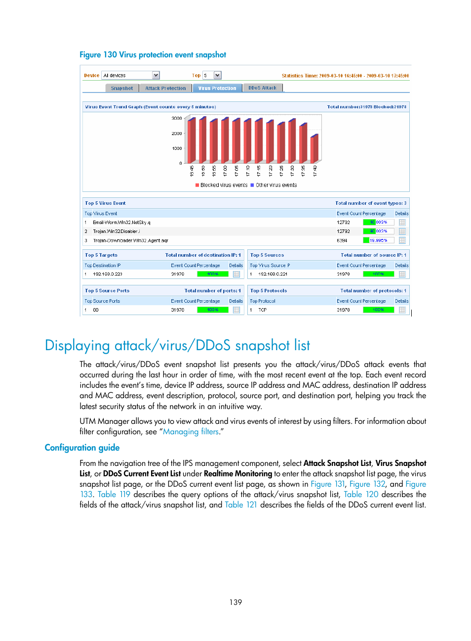 Displaying attack/virus/ddos snapshot list, Configuration guide, Figure 130 | H3C Technologies H3C SecCenter UTM Manager User Manual | Page 147 / 262