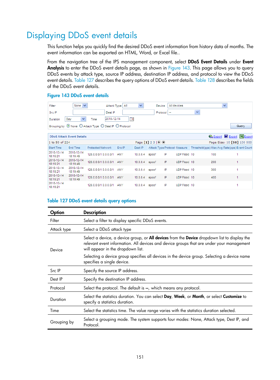 Displaying ddos event details, Displaying ddos, Event details | H3C Technologies H3C SecCenter UTM Manager User Manual | Page 159 / 262