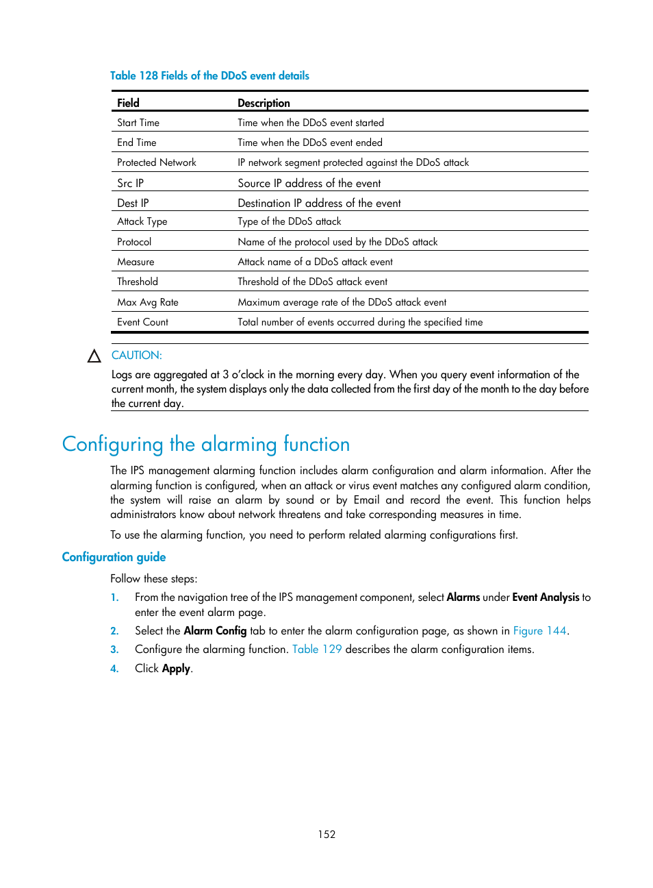 Configuring the alarming function, Configuration guide, Table 128 | H3C Technologies H3C SecCenter UTM Manager User Manual | Page 160 / 262