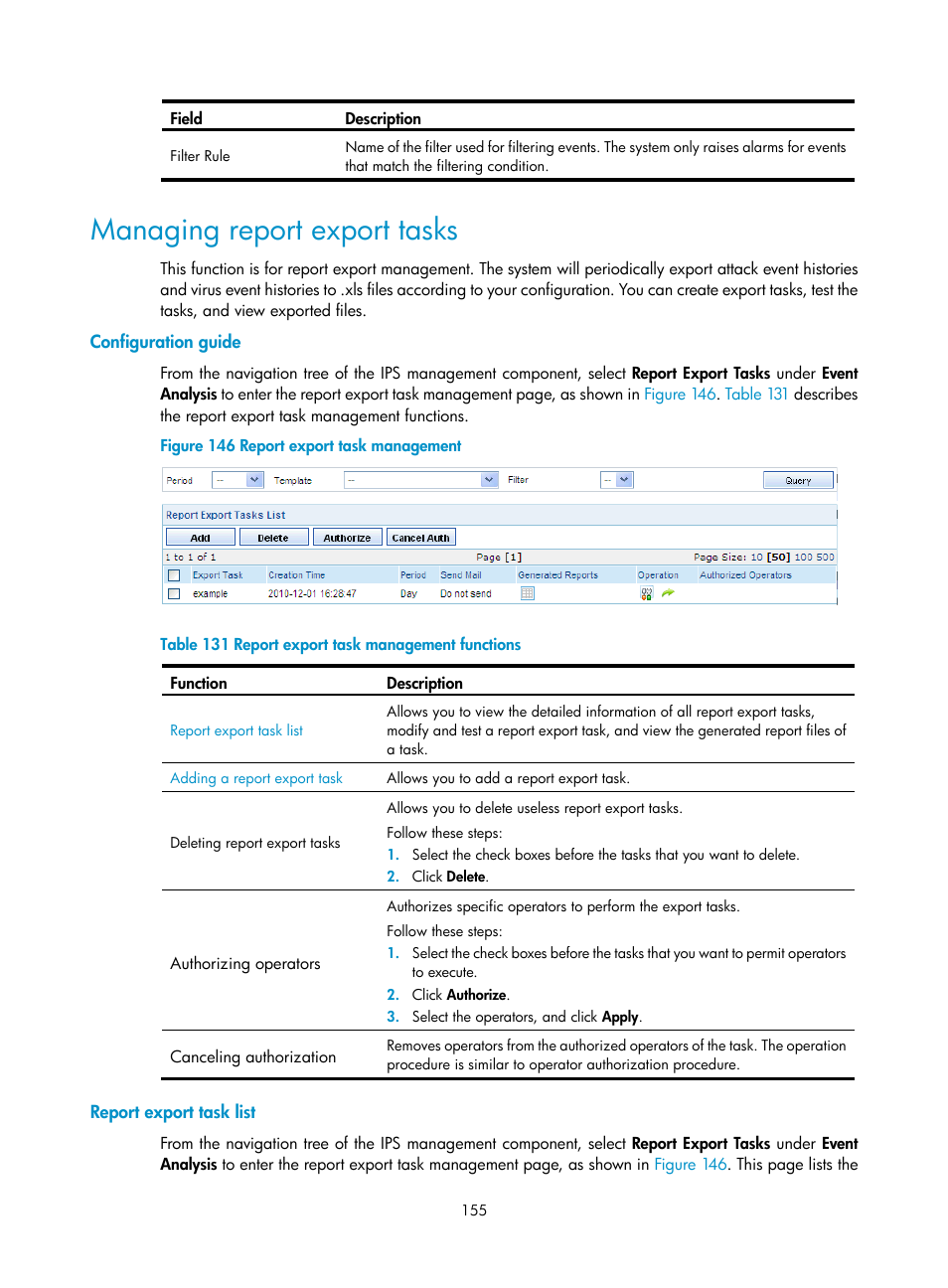 Managing report export tasks, Configuration guide, Report export task list | H3C Technologies H3C SecCenter UTM Manager User Manual | Page 163 / 262