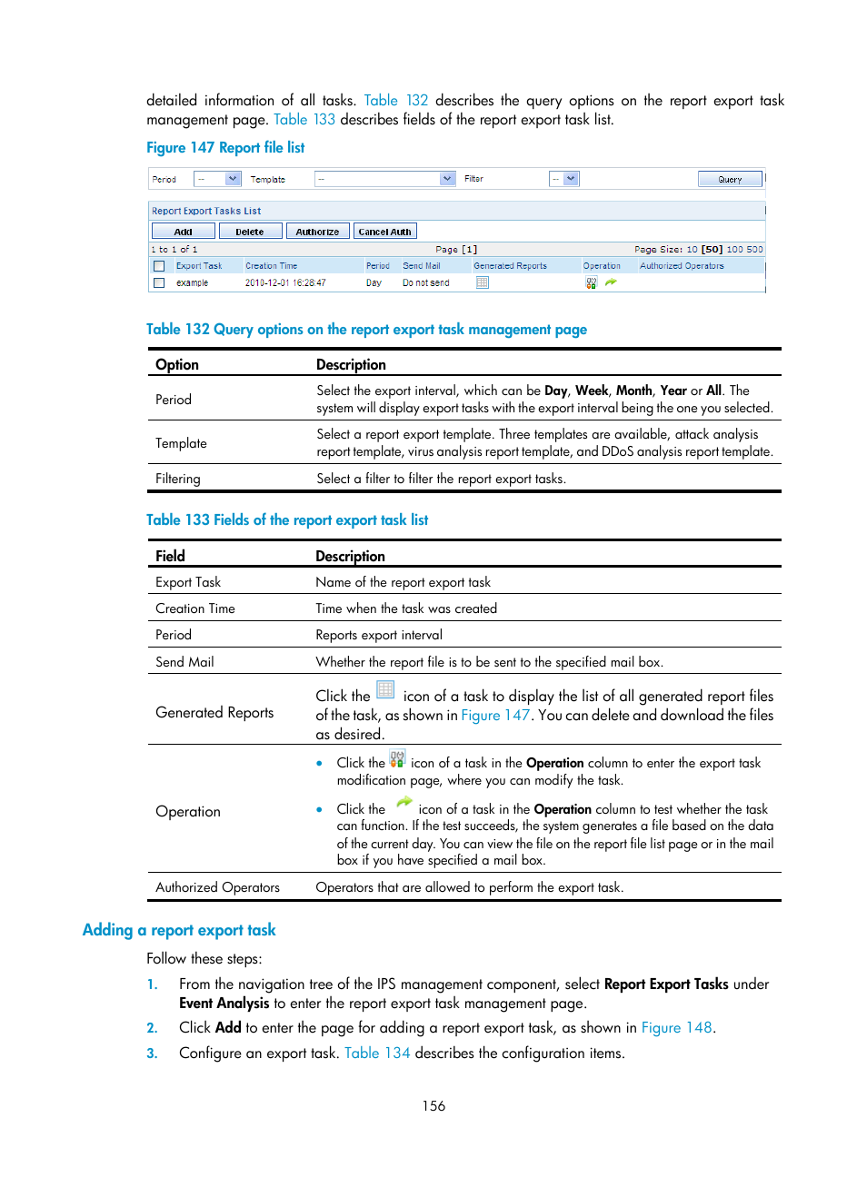 Adding a report export task | H3C Technologies H3C SecCenter UTM Manager User Manual | Page 164 / 262