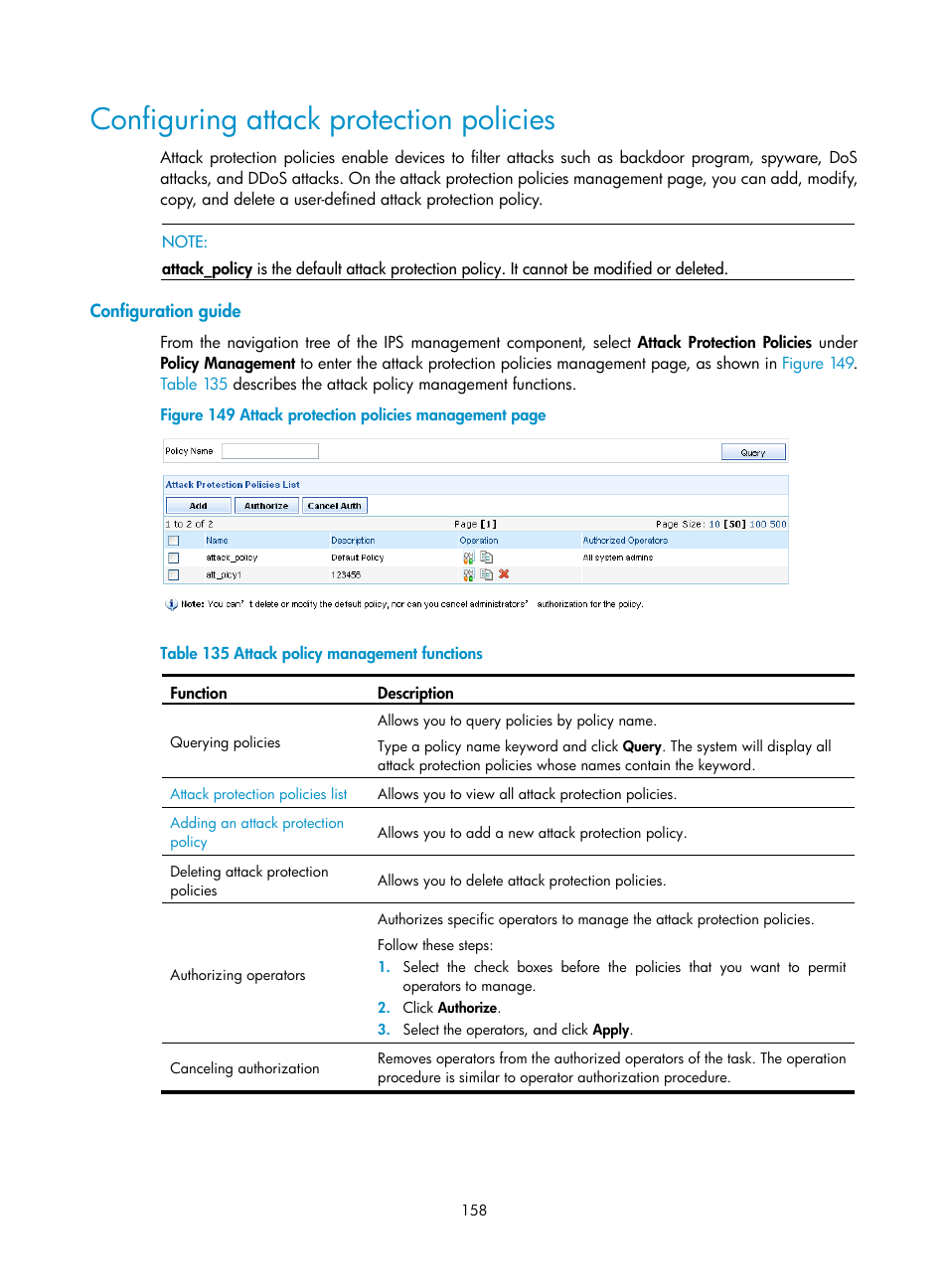 Configuring attack protection policies, Configuration guide | H3C Technologies H3C SecCenter UTM Manager User Manual | Page 166 / 262