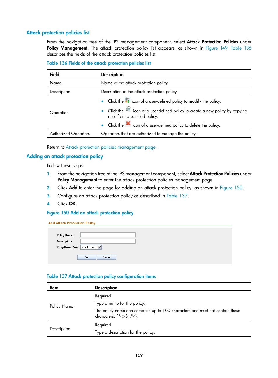 Attack protection policies list, Adding an attack protection policy | H3C Technologies H3C SecCenter UTM Manager User Manual | Page 167 / 262