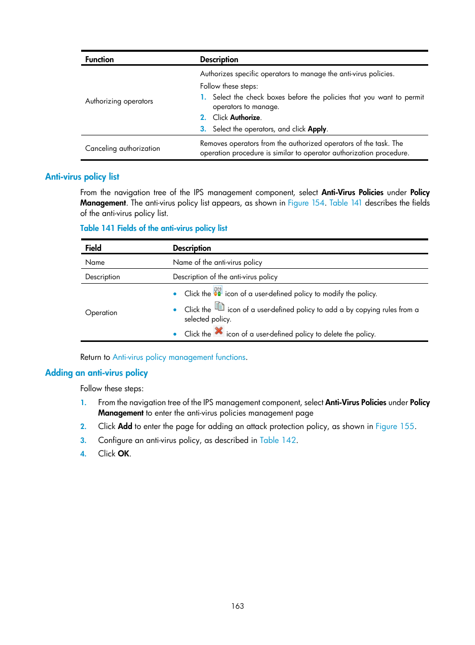 Anti-virus policy list, Adding an anti-virus policy | H3C Technologies H3C SecCenter UTM Manager User Manual | Page 171 / 262