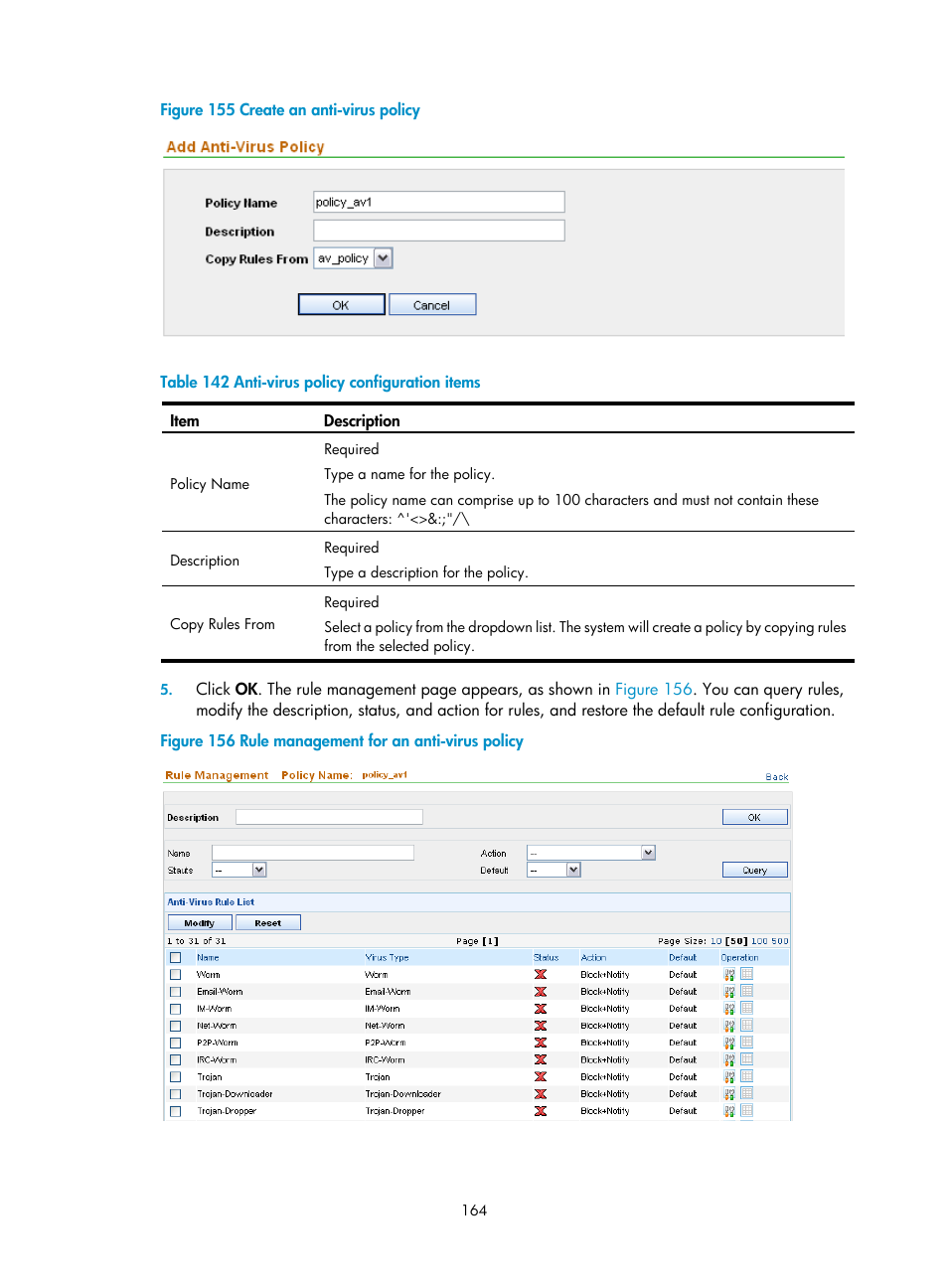 Figure 155, Table 142 | H3C Technologies H3C SecCenter UTM Manager User Manual | Page 172 / 262