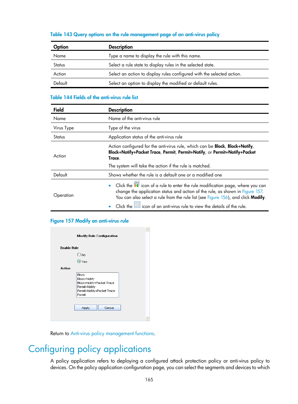 Configuring policy applications, N, see | H3C Technologies H3C SecCenter UTM Manager User Manual | Page 173 / 262