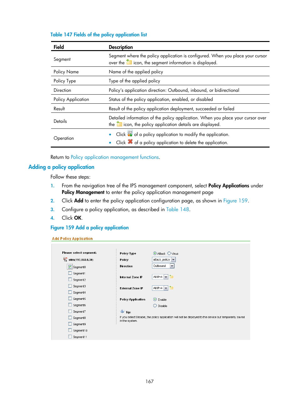 Adding a policy application, Ons and, Table 147 | H3C Technologies H3C SecCenter UTM Manager User Manual | Page 175 / 262