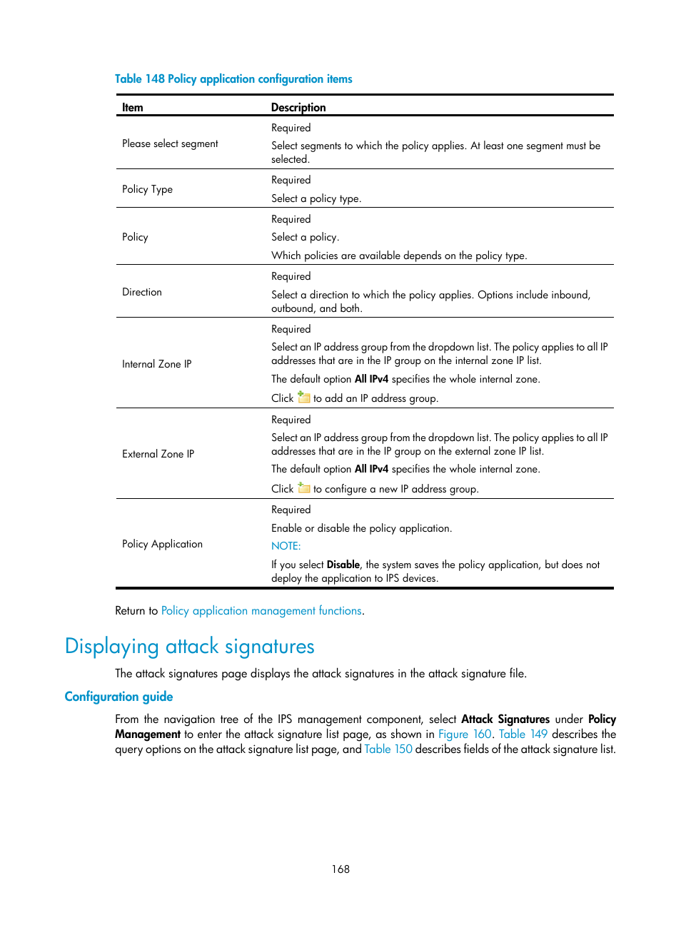 Displaying attack signatures, Configuration guide, Table 148 | H3C Technologies H3C SecCenter UTM Manager User Manual | Page 176 / 262