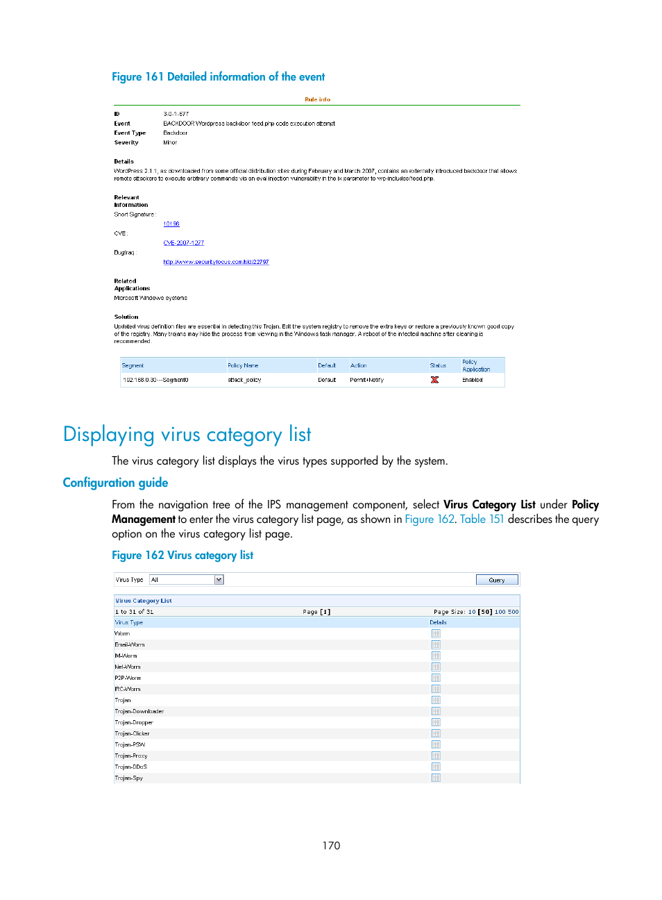Displaying virus category list, Configuration guide | H3C Technologies H3C SecCenter UTM Manager User Manual | Page 178 / 262