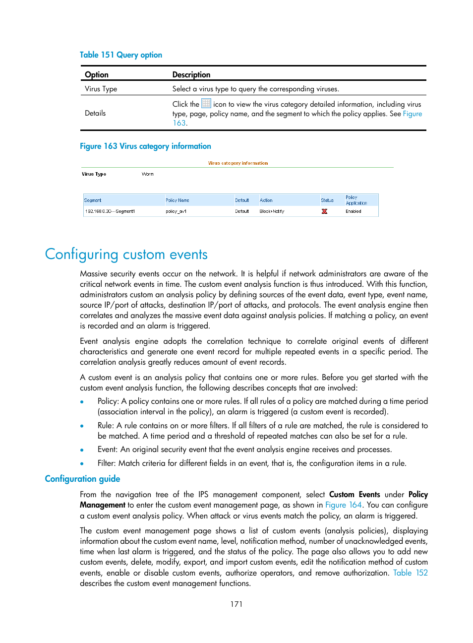 Configuring custom events, Configuration guide, Table 151 | H3C Technologies H3C SecCenter UTM Manager User Manual | Page 179 / 262