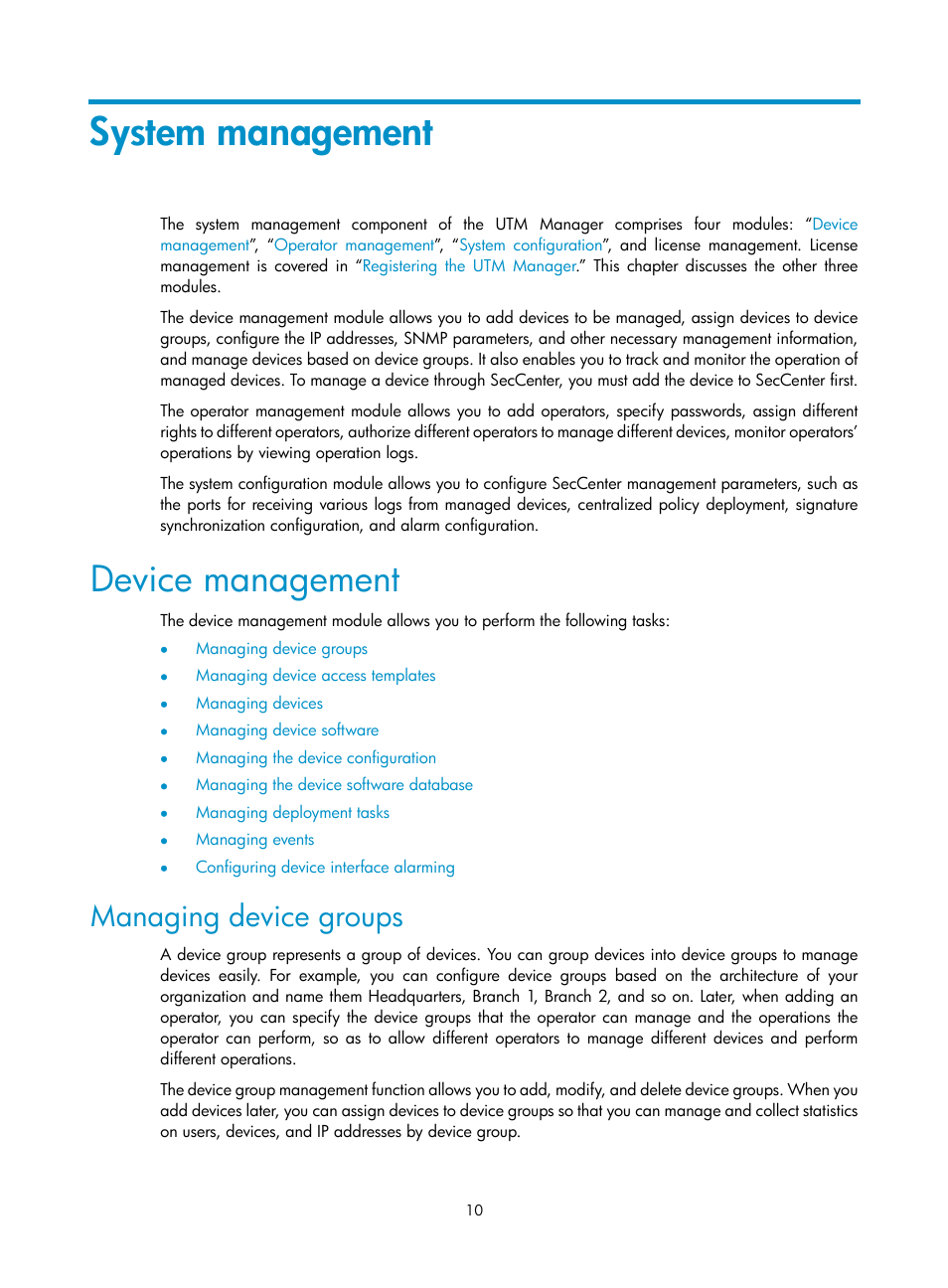 System management, Device management, Managing device groups | H3C Technologies H3C SecCenter UTM Manager User Manual | Page 18 / 262