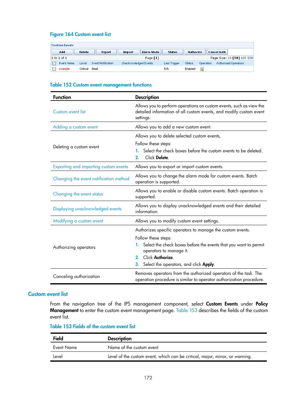 Custom event list, Figure 164, Table 152 | H3C Technologies H3C SecCenter UTM Manager User Manual | Page 180 / 262