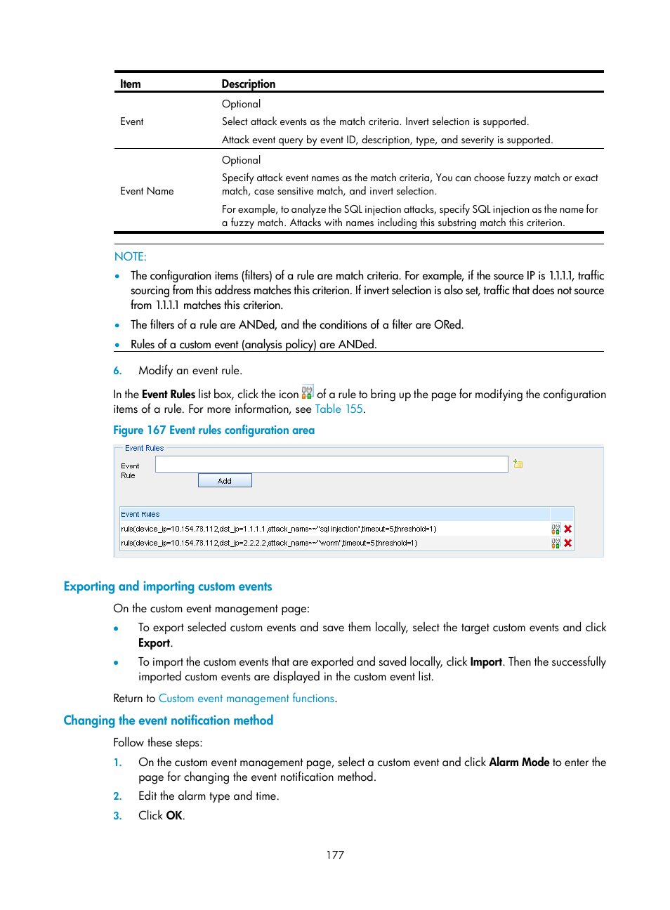 Exporting and importing custom events, Changing the event notification method | H3C Technologies H3C SecCenter UTM Manager User Manual | Page 185 / 262