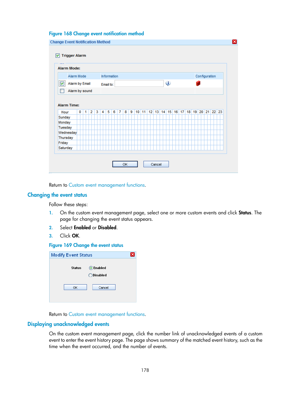 Changing the event status, Displaying unacknowledged events | H3C Technologies H3C SecCenter UTM Manager User Manual | Page 186 / 262