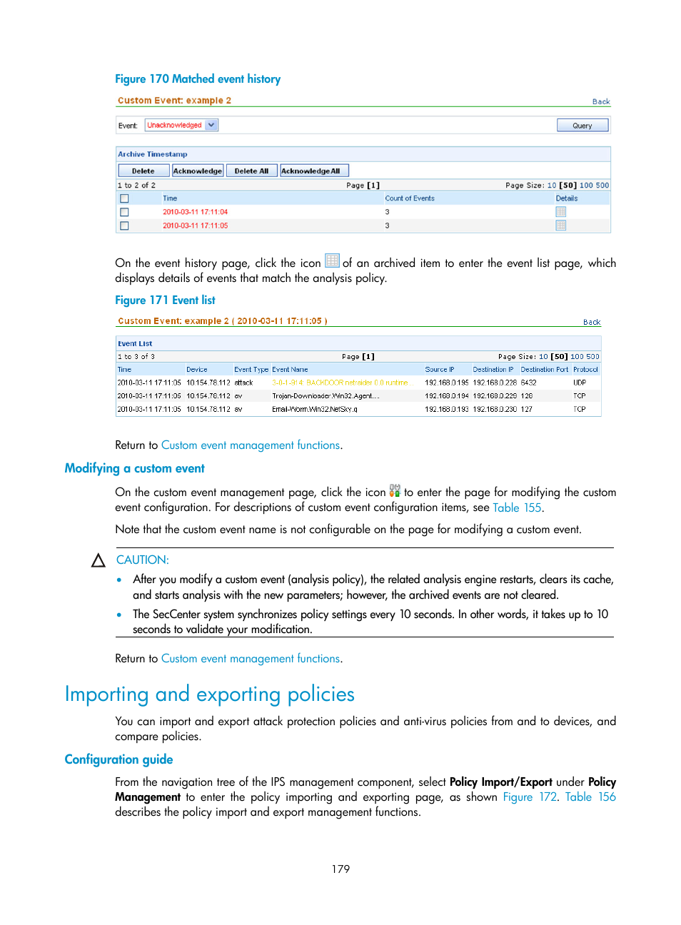 Modifying a custom event, Importing and exporting policies, Configuration guide | H3C Technologies H3C SecCenter UTM Manager User Manual | Page 187 / 262