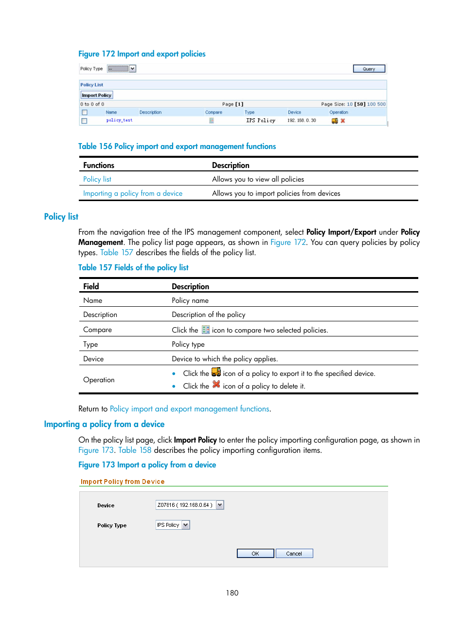 Policy list, Importing a policy from a device, Figure 172 | Table 156 | H3C Technologies H3C SecCenter UTM Manager User Manual | Page 188 / 262