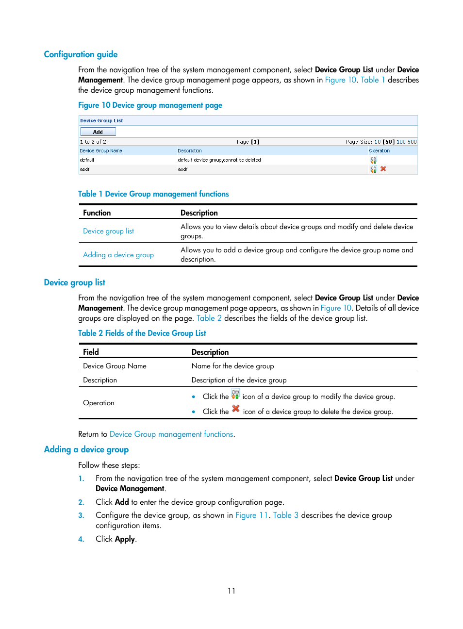 Configuration guide, Device group list, Adding a device group | H3C Technologies H3C SecCenter UTM Manager User Manual | Page 19 / 262