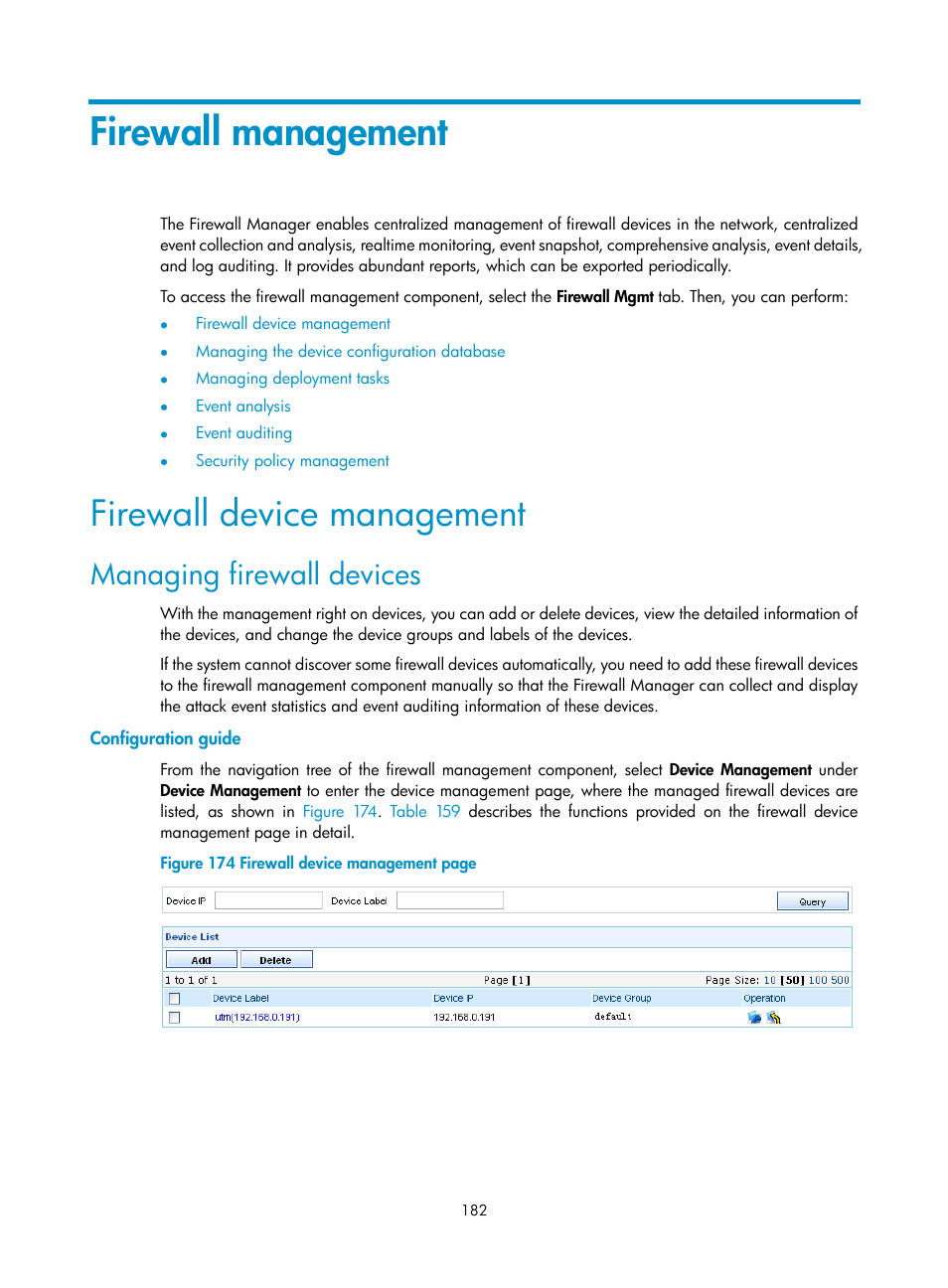 Firewall management, Firewall device management, Managing firewall devices | Configuration guide | H3C Technologies H3C SecCenter UTM Manager User Manual | Page 190 / 262