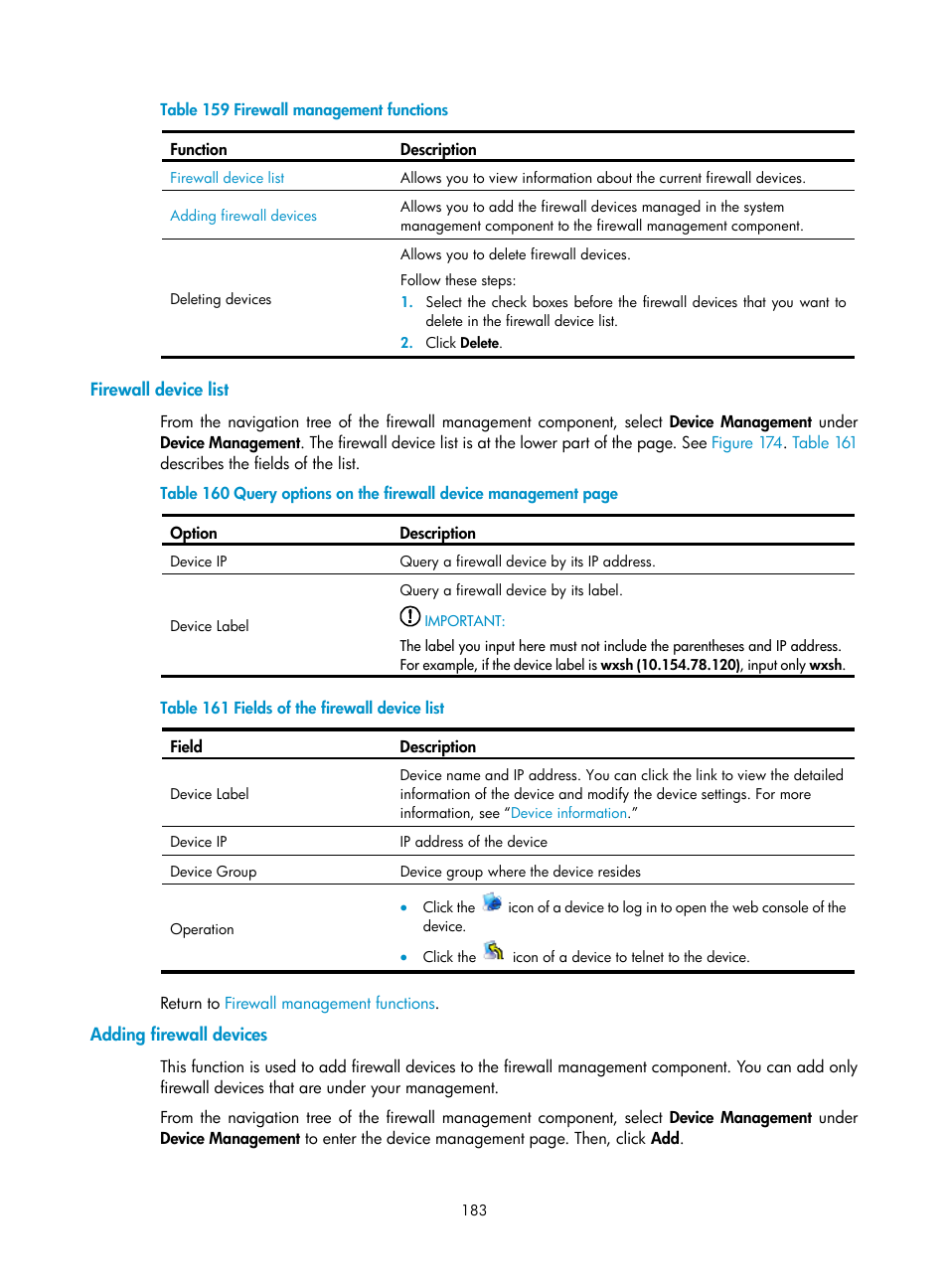 Firewall device list, Adding firewall devices, Table 159 | H3C Technologies H3C SecCenter UTM Manager User Manual | Page 191 / 262