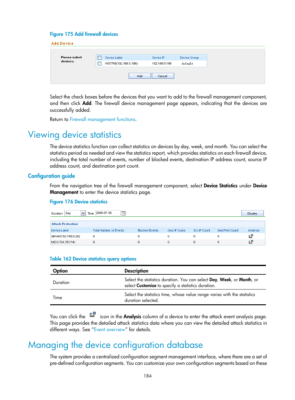 Viewing device statistics, Configuration guide, Managing the device configuration database | H3C Technologies H3C SecCenter UTM Manager User Manual | Page 192 / 262