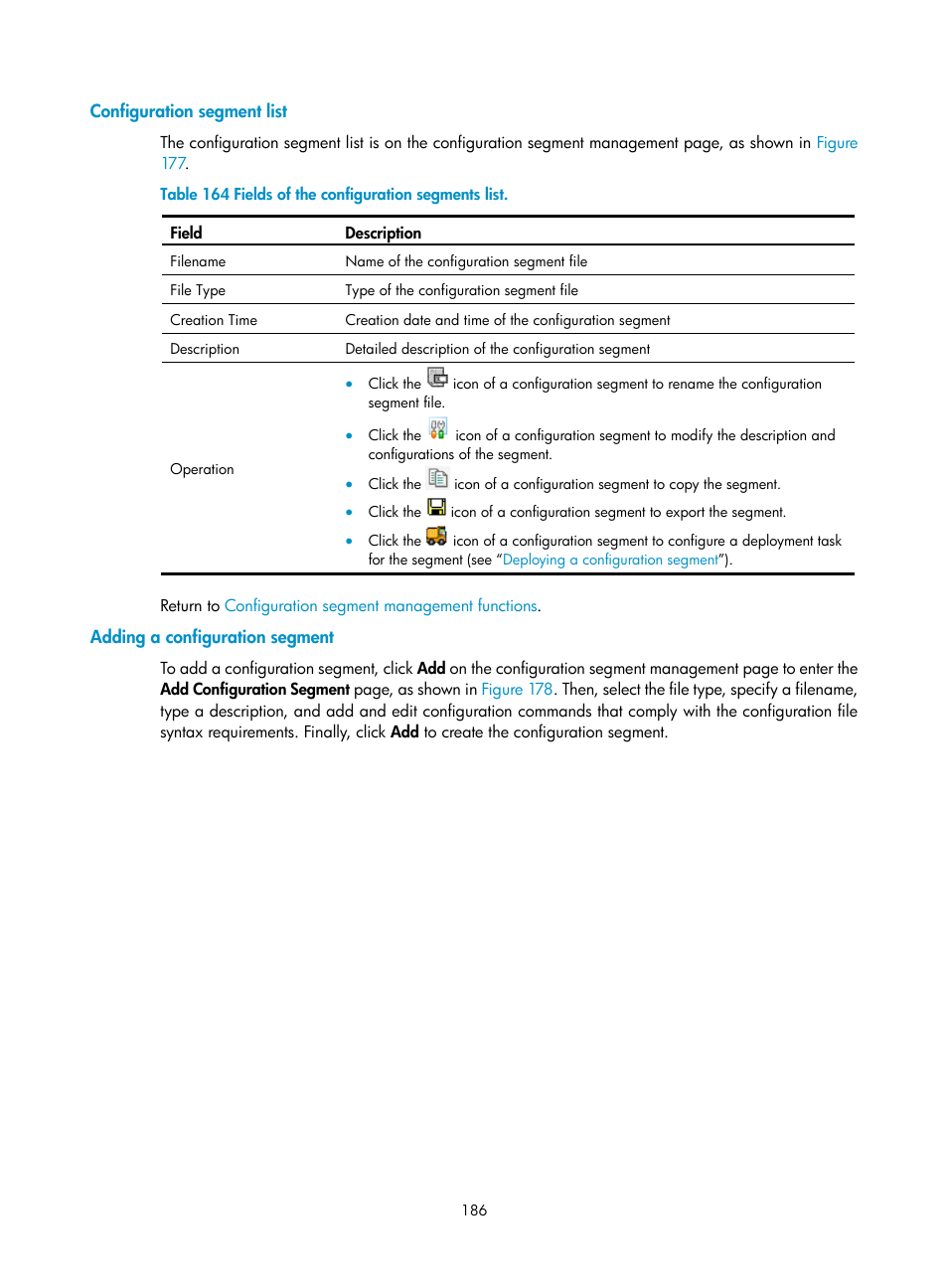 Configuration segment list, Adding a configuration segment | H3C Technologies H3C SecCenter UTM Manager User Manual | Page 194 / 262