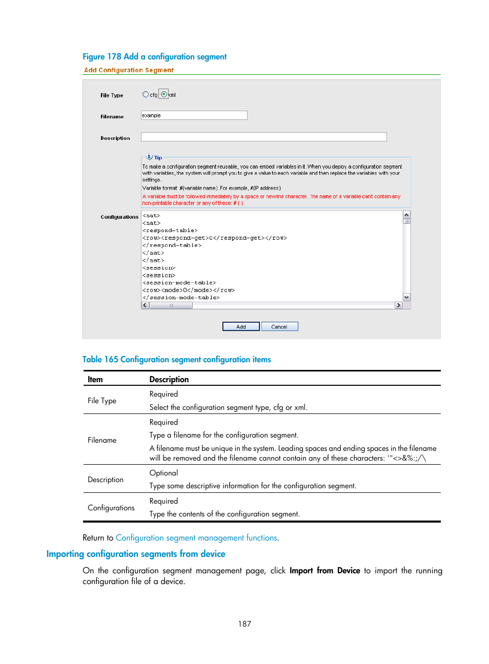 Importing configuration segments from device, Importing configuration, Segments from device | Figure 178 | H3C Technologies H3C SecCenter UTM Manager User Manual | Page 195 / 262