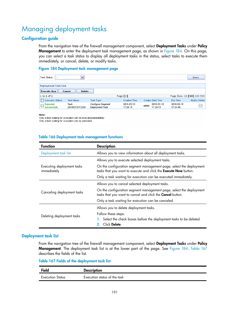 Managing deployment tasks, Configuration guide, Deployment task list | H3C Technologies H3C SecCenter UTM Manager User Manual | Page 199 / 262