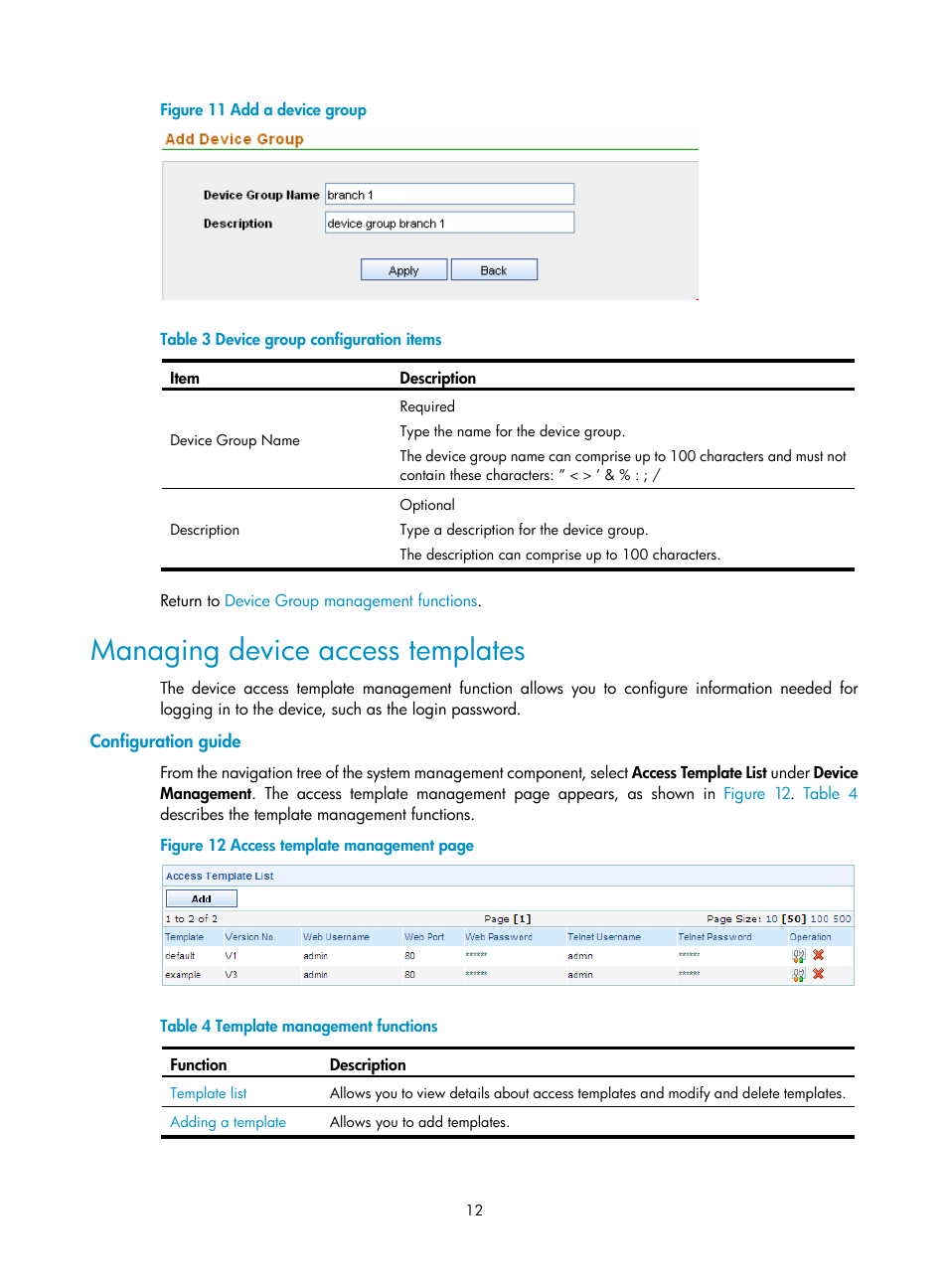 Managing device access templates, Configuration guide, P, as shown in | Figure 11, Table 3, Desc | H3C Technologies H3C SecCenter UTM Manager User Manual | Page 20 / 262