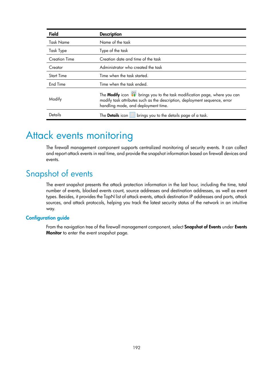 Attack events monitoring, Snapshot of events, Configuration guide | H3C Technologies H3C SecCenter UTM Manager User Manual | Page 200 / 262