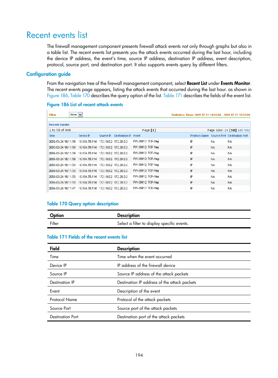 Recent events list, Configuration guide | H3C Technologies H3C SecCenter UTM Manager User Manual | Page 202 / 262