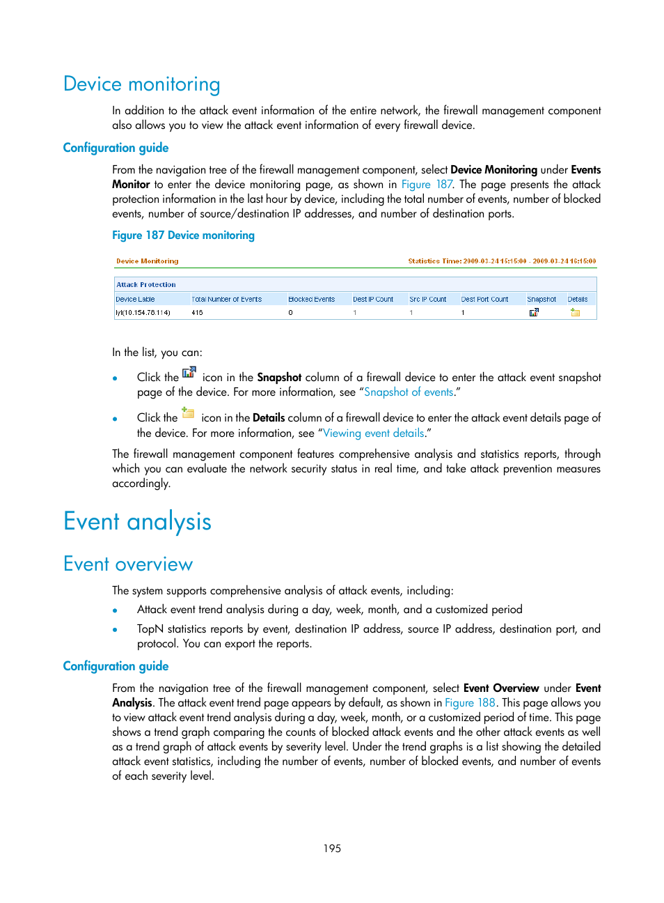 Device monitoring, Configuration guide, Event analysis | Event overview | H3C Technologies H3C SecCenter UTM Manager User Manual | Page 203 / 262