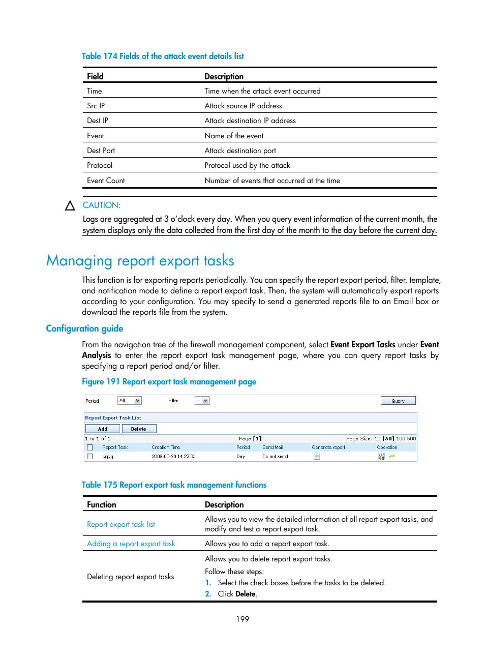 Managing report export tasks, Configuration guide, Table 174 | H3C Technologies H3C SecCenter UTM Manager User Manual | Page 207 / 262