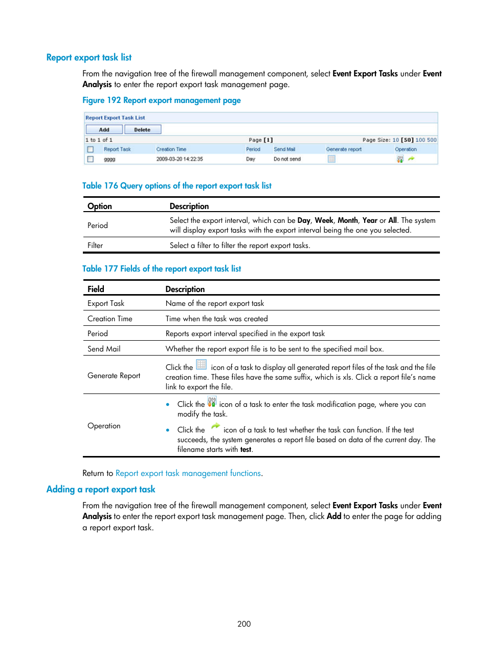 Report export task list, Adding a report export task | H3C Technologies H3C SecCenter UTM Manager User Manual | Page 208 / 262