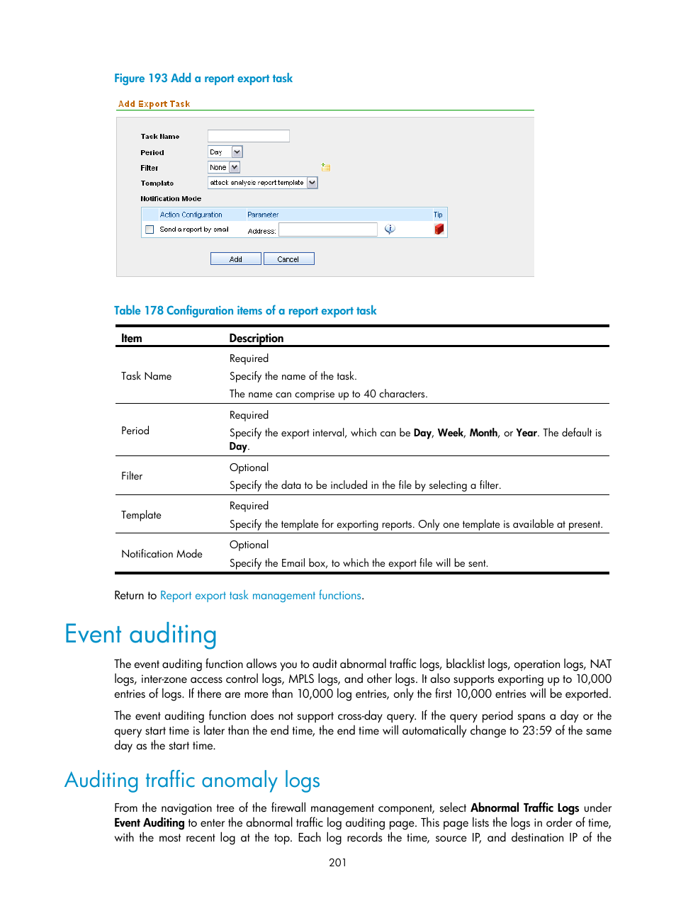 Event auditing, Auditing traffic anomaly logs | H3C Technologies H3C SecCenter UTM Manager User Manual | Page 209 / 262