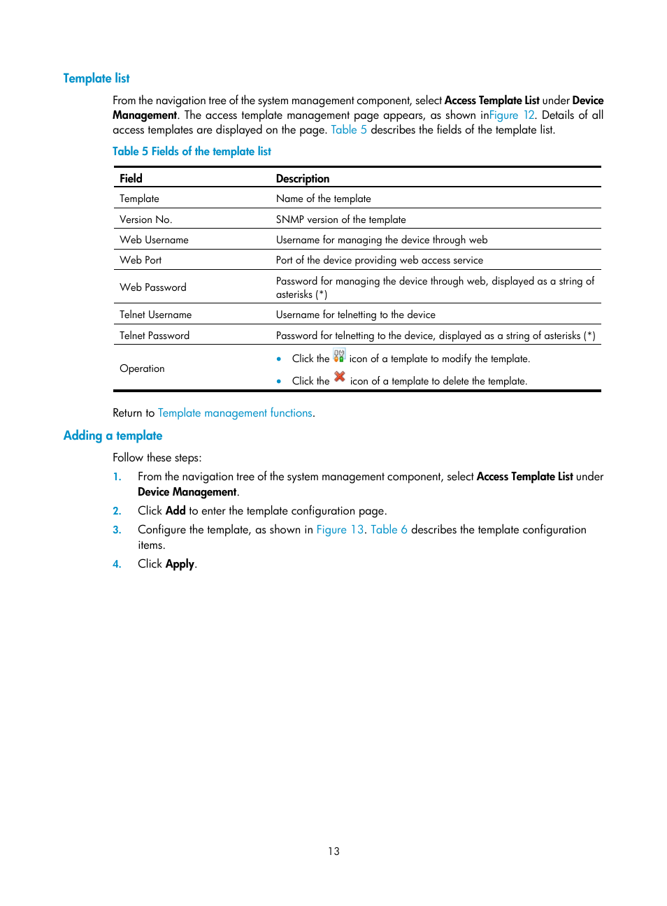 Template list, Adding a template | H3C Technologies H3C SecCenter UTM Manager User Manual | Page 21 / 262