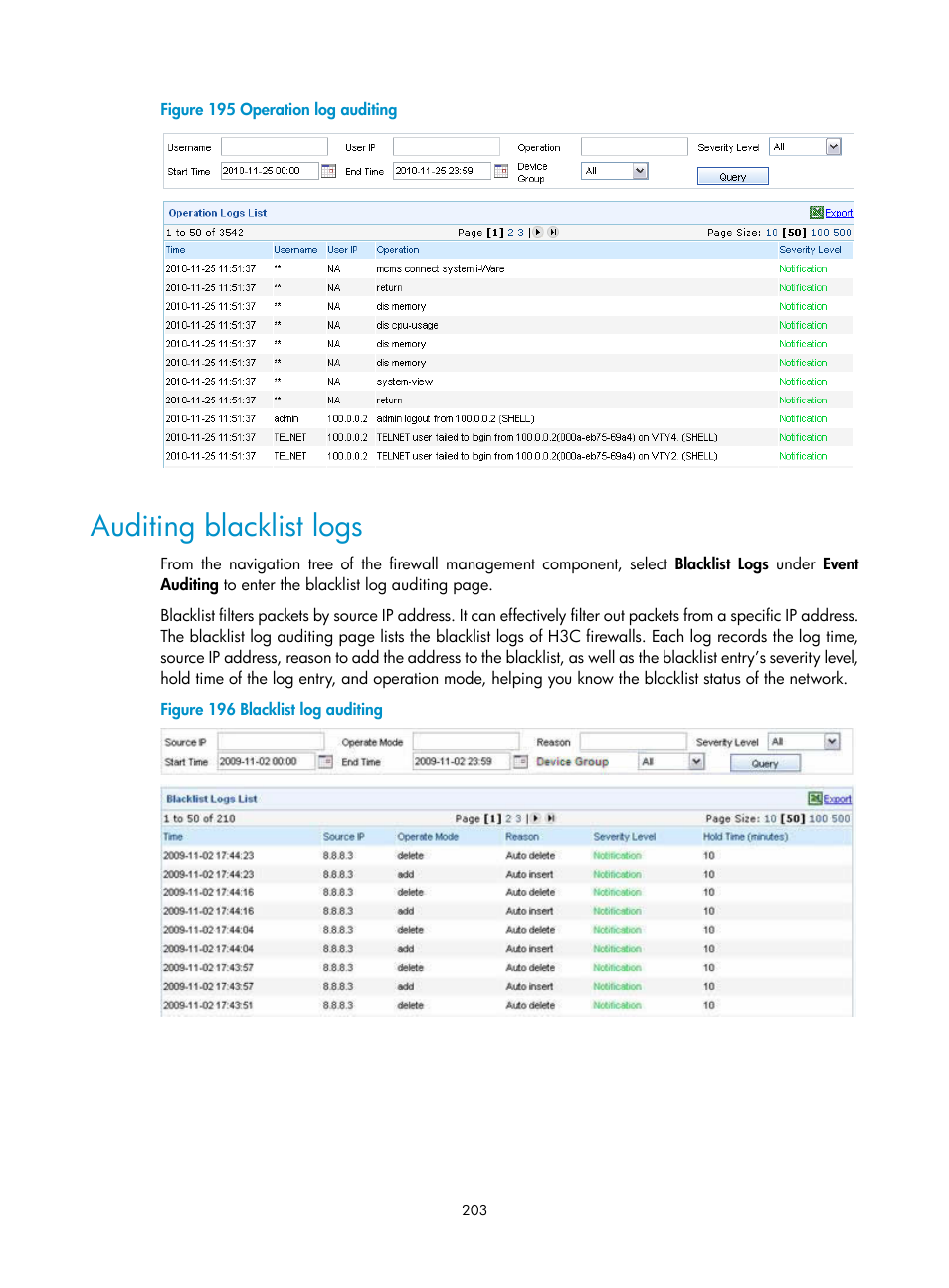 Auditing blacklist logs | H3C Technologies H3C SecCenter UTM Manager User Manual | Page 211 / 262