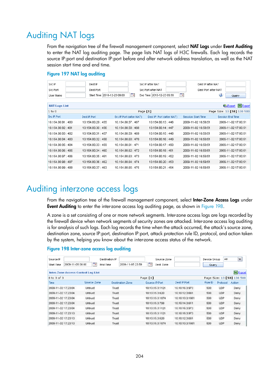 Auditing nat logs, Auditing interzone access logs | H3C Technologies H3C SecCenter UTM Manager User Manual | Page 212 / 262